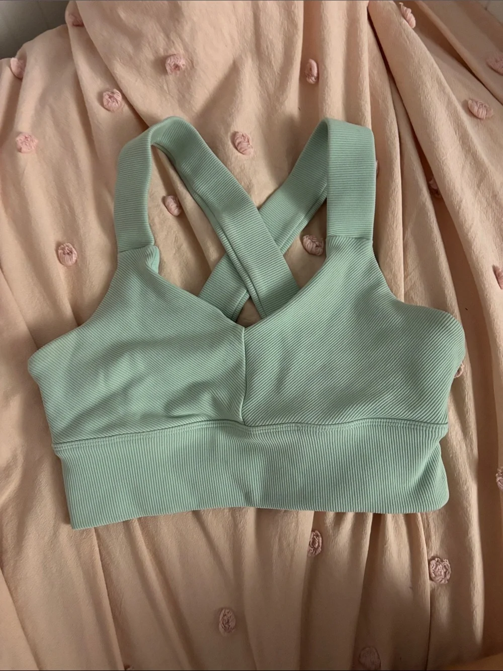 ALO Yoga Ribbed Sports Bra in Light Sage with Cross-Back Straps